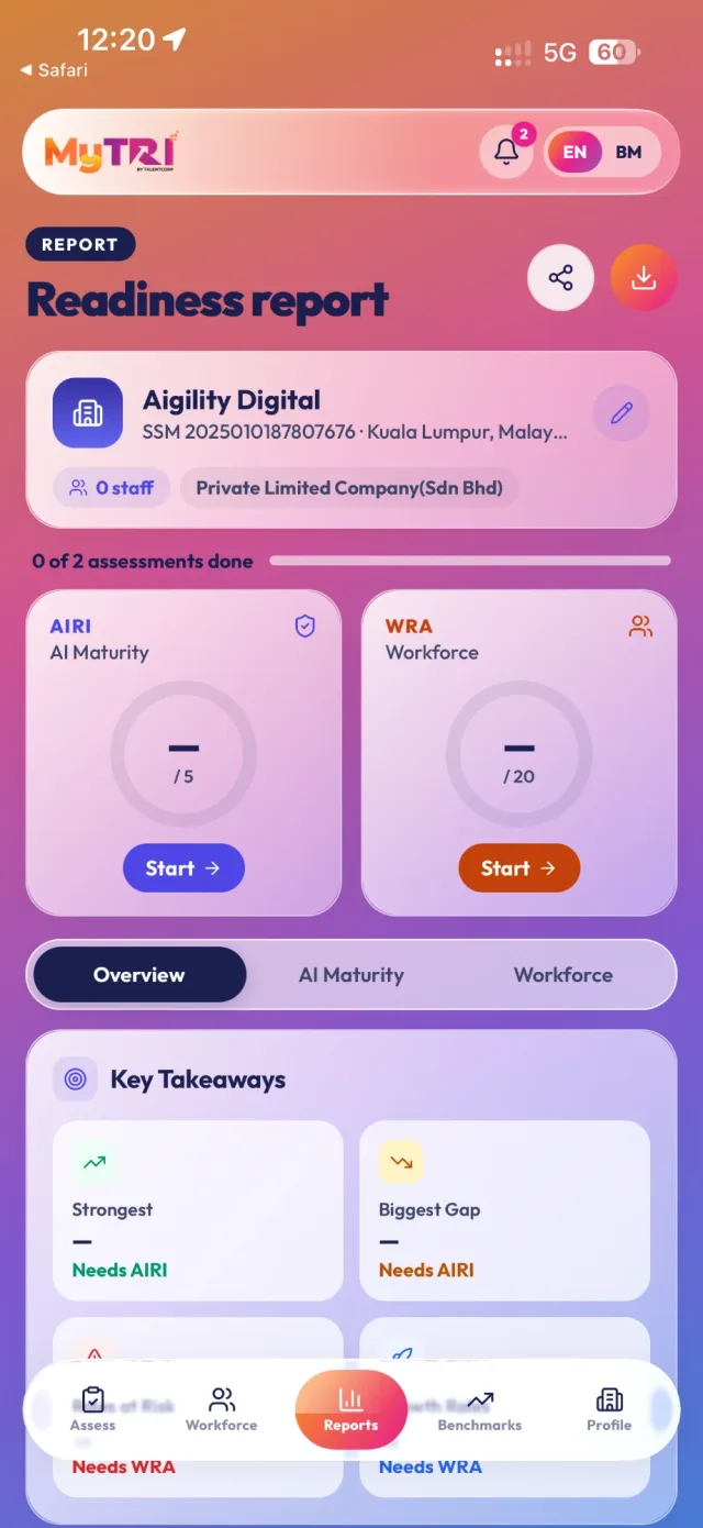 Organisation readiness report with AIRI and WRA scores